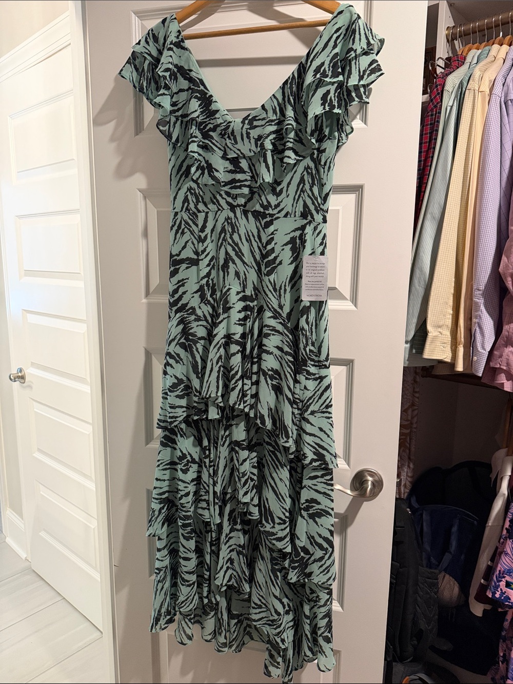 Wayf Mint and Black Chelsea Ruffled High-Low Maxi Dress